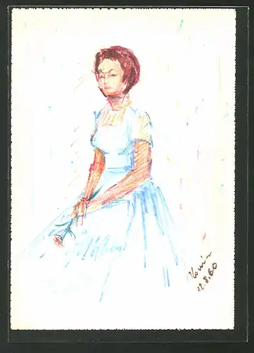 Künstler-AK Handgemalt: Junge Frau mit Kopftuch im blauen Kleid