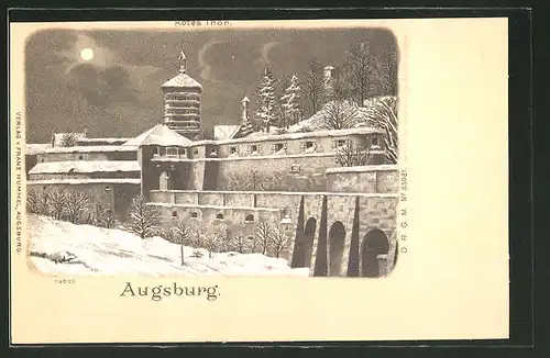 Winter-Lithographie Augsburg, nächtlicher Blick auf das Rote Thor