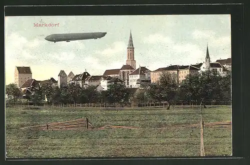 AK Markdorf, Zeppelin über Ortspartie mit Kirche
