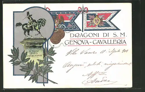 Lithographie Genova, Dragoni di S. M., Denkmal, Fahnen