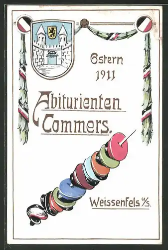 AK Weissenfels, Abiturienten-Commers 1911, Studentenmützen stecken auf einem Schläger, Wappen