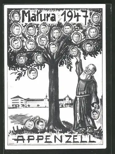 AK Appenzell, Absolvia Matura 1947, Mönch pflückt Äpfel vom Baum