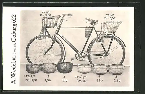 AK Coburg, Reklame für Korbwaren für Fahrräder der Firma A. Wedel