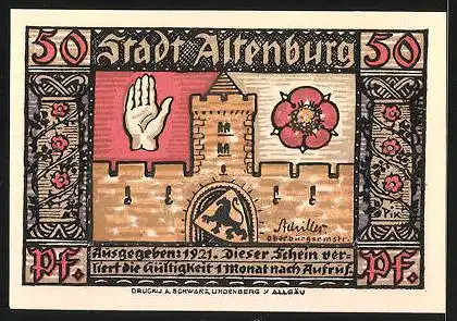 Notgeld Altenburg 1921, 50 Pfennig, Stadtmauer und Stadtwappen, Schloss Altenburg
