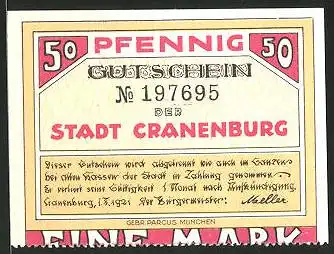 Notgeld Cranenburg 1921, 50 Pfennig, Stadtwappen und Cranenburg anno 1563