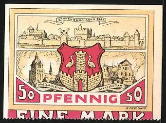 Notgeld Cranenburg 1921, 50 Pfennig, Stadtwappen und Cranenburg anno 1563