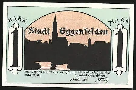 Notgeld Eggenfelden, 1 Mark, Löwe mit Gewehr, Stadtsilhouette
