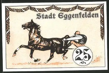 Notgeld Eggenfelden, 25 Pfennig, Jockey mit Pferd, Bauer mit Rinderpflug