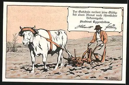 Notgeld Eggenfelden, 25 Pfennig, Jockey mit Pferd, Bauer mit Rinderpflug
