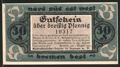 Notgeld Bremen 1921, 30 Pfennig, Hafenmotiv