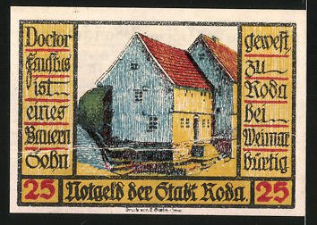 Notgeld Roda 1921 25 Pfennig Stadtwappen Faust Haus Nr 7549599