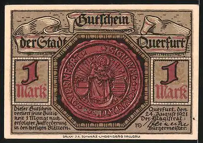 Notgeld Querfurt 1921, 1 Mark, Stadtsiegel, Ortsansicht aus alter Zeit