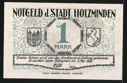 Notgeld Holzminden 1922, 1 Mark, Stadtwappen, Holzmindener Schützenfest: Fahnenschwenken