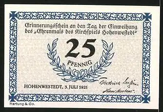 Notgeld Hohenwestedt 1921, 25 Pfennig, Bürger beim der Gedenkstätte
