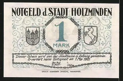 Notgeld Holzminden 1922, 1 Mark, Stadtwappen, Holzmindener Schützenfest: Ausmarsch