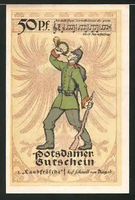 Notgeld Potsdam 1921, 50 Pfennig, Stadtwappen, Infanterist bläst das Horn
