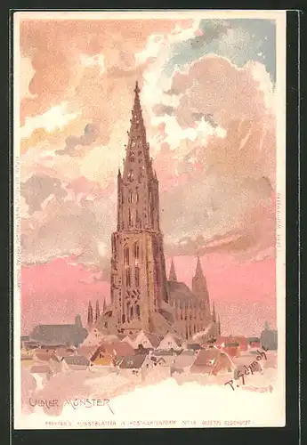 Künstler-Lithographie P. Schmohl: Ulm, Blick zum Münster