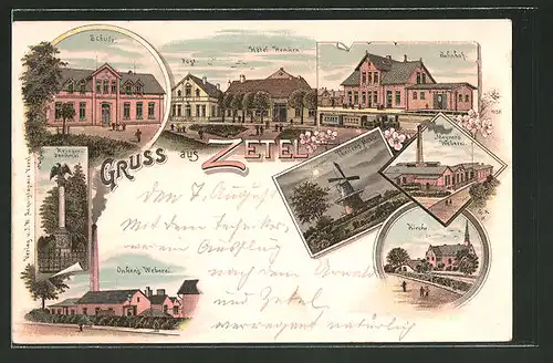 Lithographie Zetel, Hotel Hemken, Bahnhof, Meynen's Weberei, Onken's Weberei