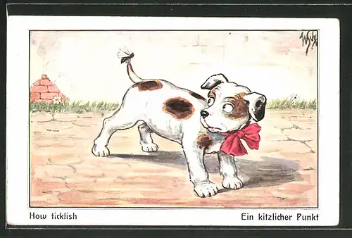 Künstler-AK Willi Scheuermann: "Ein kitzlicher Punkt", Wespe auf dem Schwanz eines Hundes