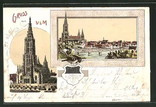 Lithographie Ulm, Ulmer Münster Frontalansicht, Ortsansicht mit Donau und Münster