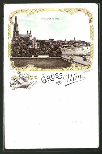 AK Ulm, Ortsansicht von Süden mit Donau, Ulmer Spatz