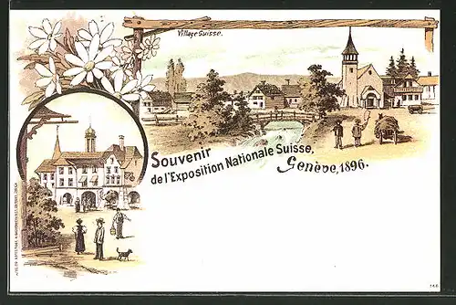 Lithographie Geneve, Exposition Nationale Suisse 1896, Village Suisse