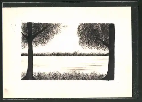 Künstler-AK Handgemalt: Silhouette zweier Bäume am Wasser