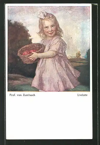 Künstler-AK Ludwig von Zumbusch: "Liselotte", Mädchen bringt Äpfel im Korb
