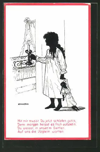 Künstler-AK sign. Zinnoris: Mädchen im Nachthemd mit Puppe, Schattenbild