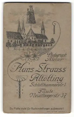 Fotografie Hans Strauss, Altötting, Ansicht Altötting, Kloster & Wallfahrtskirche, rückseitig Portrait hübsche Dame