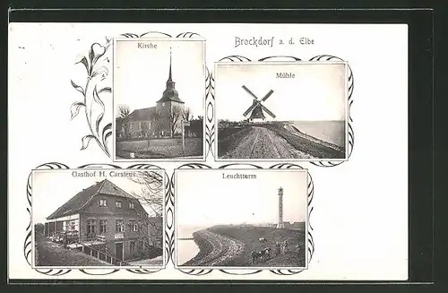 AK Brokdorf, Gasthaus, Windmühle, Kirche, Leuchtturm