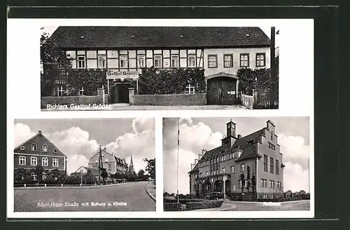 AK Gröditz, Adol Fitler Strasse mit Schule und Kirche, Rathaus, Richters Gasthof