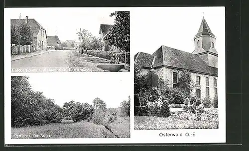 AK Osterwald, Geschäftshaus E. Mühlenbrink in der Dorfstrasse, Kirche mit Kriegerdenkmal