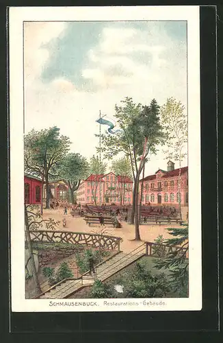 Lithographie Nürnberg, Partie am Gasthaus Schmausenbuck mit Restaurationsgebäude