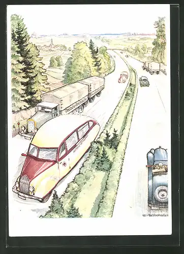 AK Schnellbus der Deutschen Reichsbahn auf der Autobahn