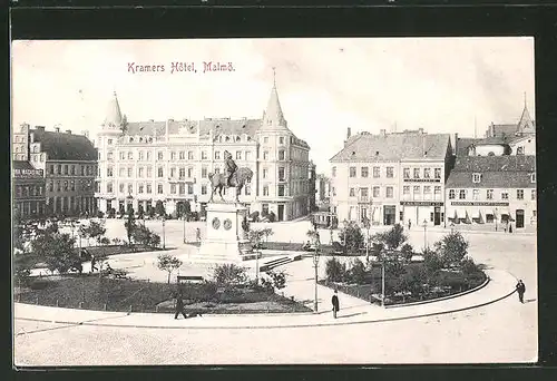 AK Malmö, Kramers Hotel mit Strassenbahn