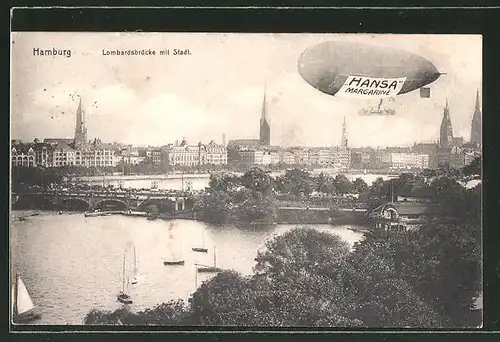 AK Hamburg, Zeppelin mit Reklame für "Hansa Margarine" über der Lombardsbrücke