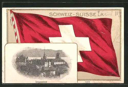 Passepartout-Lithographie Lausanne, Teilansicht der Stadt, Schweizer Fahne