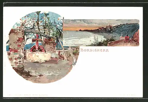 Künstler-Lithographie Manuel Wielandt: Bordighera, Brunnen, Küstenpanorama