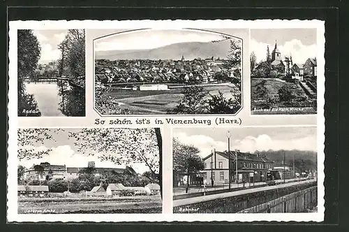 AK Vienenburg, Bahnhof, Radau, Kath. Kirche, Panorama