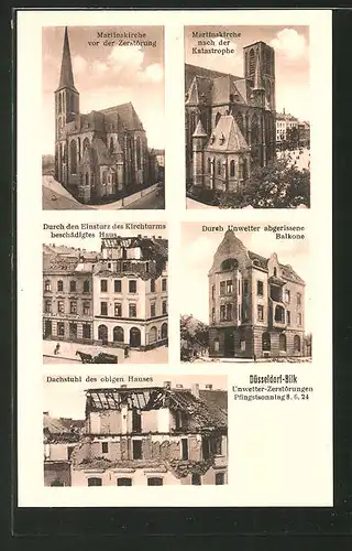 AK Düsseldorf-Bilk, Unwetter-Zerstörungen 1924, Martinskirche