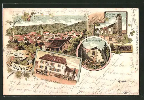 Lithographie Britzingen, Gasthaus zur Krone, Ruine Neufels, Kirche und Pfarrhaus