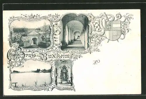 Lithographie Buxheim, unterer Weiher, gräfl. Waldbott, Gang im Schloss, Altar in der Schlosskirche