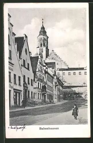 AK Babenhausen, Ortspartie mit Blick auf den Kirchturm