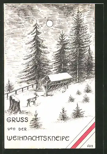 Künstler-AK "Gruss von der Weihnachtskneipe", Hirsch an der Futterkrippe