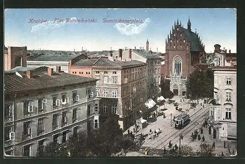 AK Krakau / Krakow, Plac Dominikanski, Dominikanerplatz mit Strassenbahn