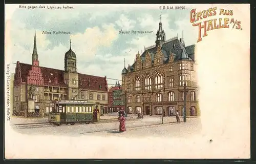 Lithographie Halle / Saale, Gasthof Neuer Rathskeller und Altes Rathaus mit Strassenbahn, Halt gegen das Licht: Vollmond