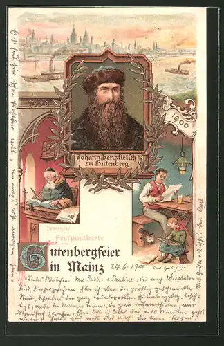 Lithographie Mainz, 500-jährige Gutenbergfeier 1900, Portrait von Gutenberg