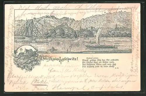 Vorläufer-Lithographie Dresden-Loschwitz, 1895, Burgberg, Panorama mit Brücke