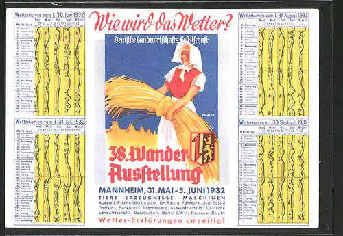 AK Mannheim, 38. Wanderausstellung der Deutschen Landwirtschafts-Gesellschaft 31.05.-05.06.1932, Bäuerin mit Heu